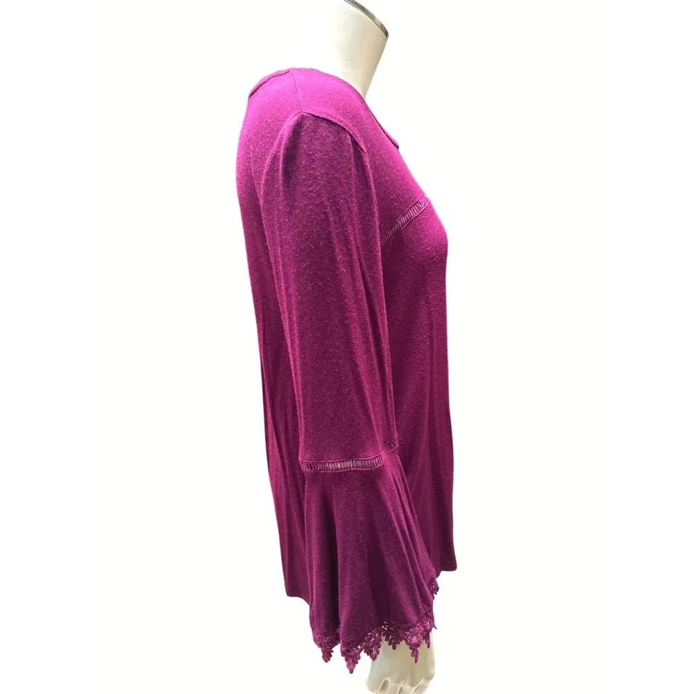 Coverstitched Burgundy Lace Trim Bell Sleeve Top Size M - Picture 4 of 9